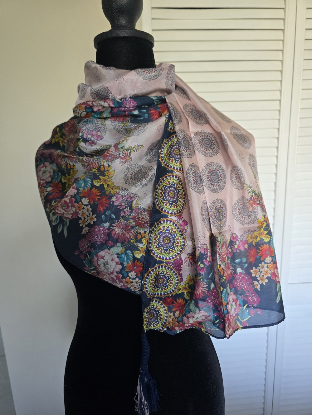 Johnny Was Blush Scarf with Floral Border and Tassels